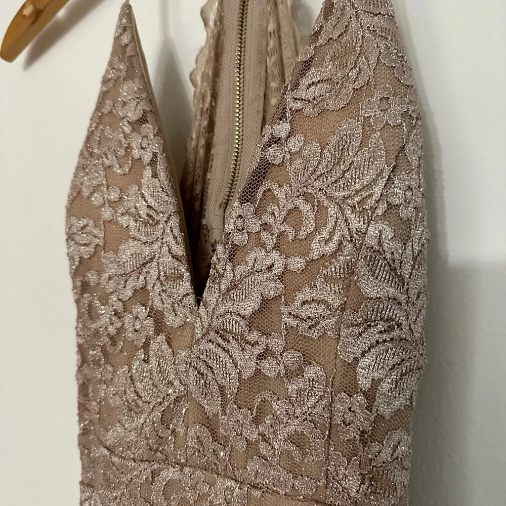 Emerald Sundae by Macy’s khaki lace shimmer mini dress with zip up back NWT - Picture 6 of 17